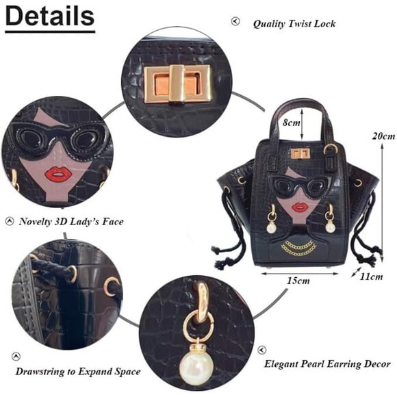 Novelty Unique 3D Lady Face PU Leather Top Handle Satchel Handbags for Women Fun - Picture 2 of 7